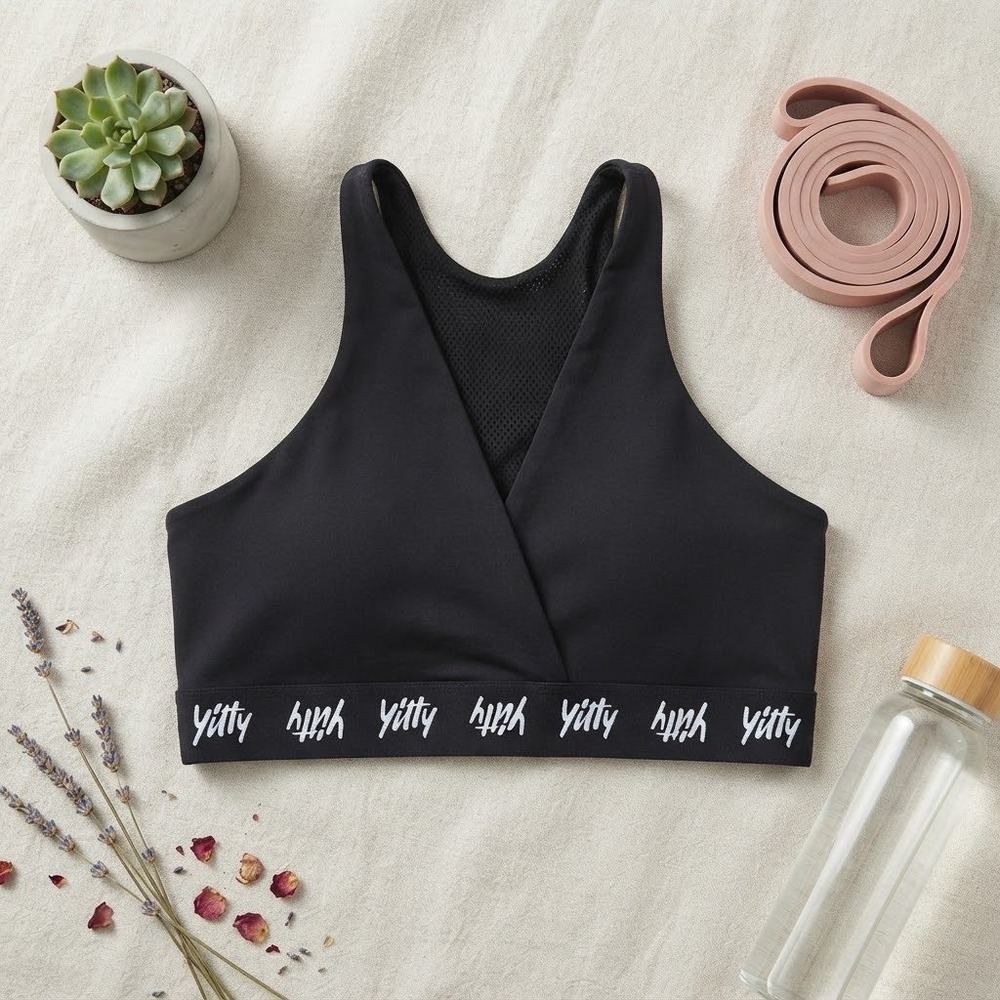 Yitty by Lizzo Black High Neck Wrap Front Mesh Back Logo Band Sports Bra